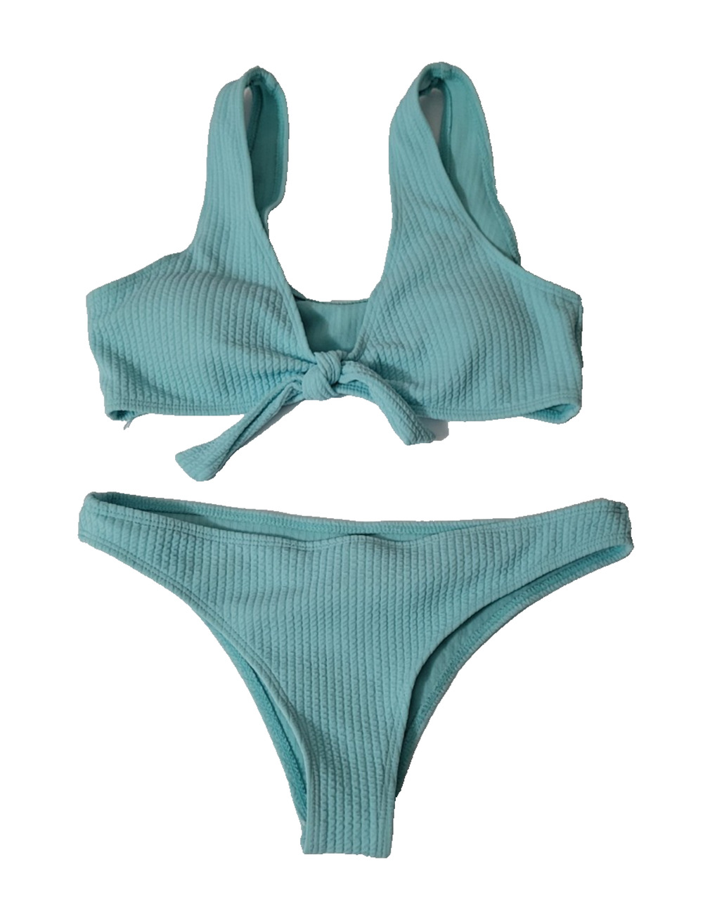 Women's Medium Teal Ribbed Bikini Set Tie Front Cheeky Two Piece Swimsuit